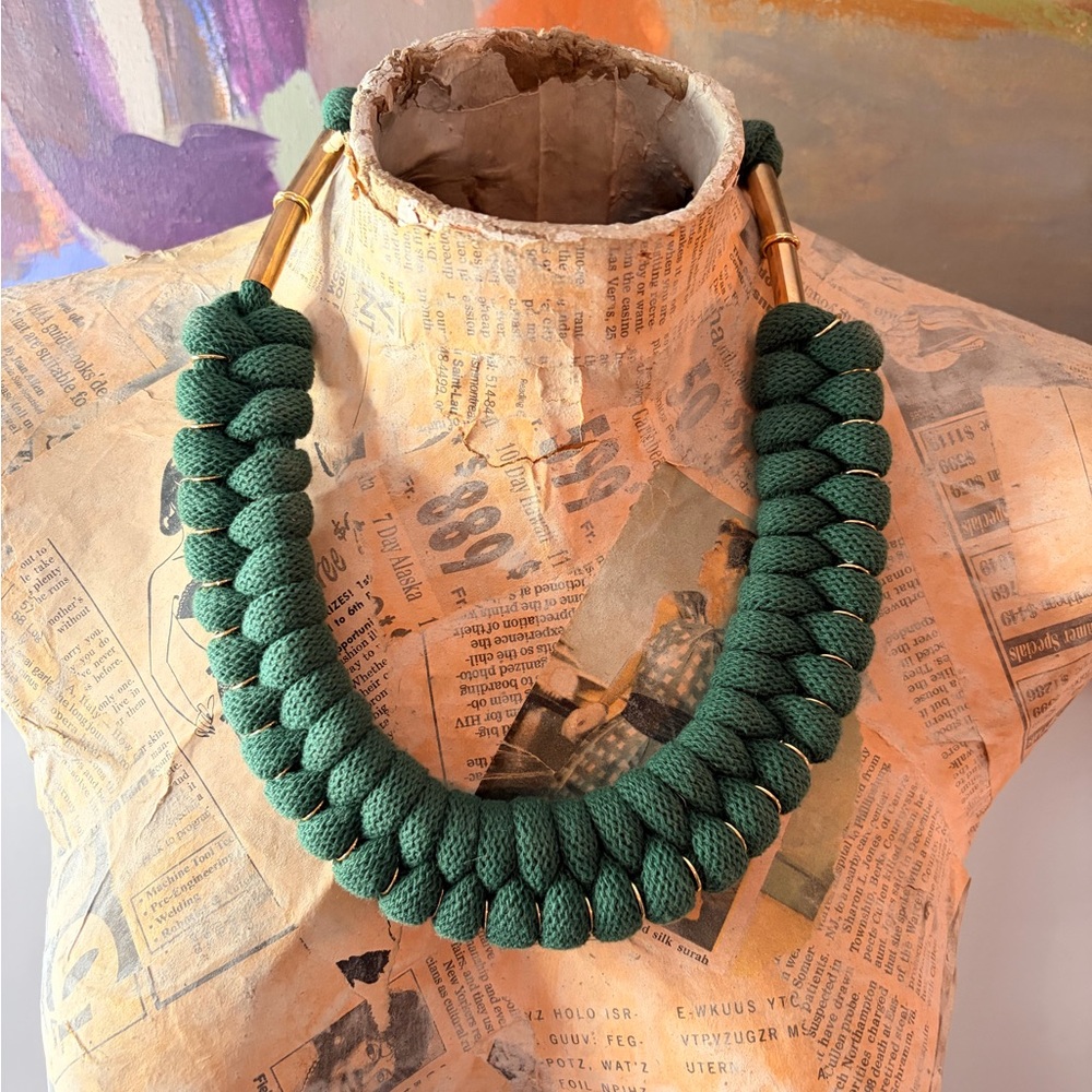 Handmade Green Braided Rope Necklace with Brass Details